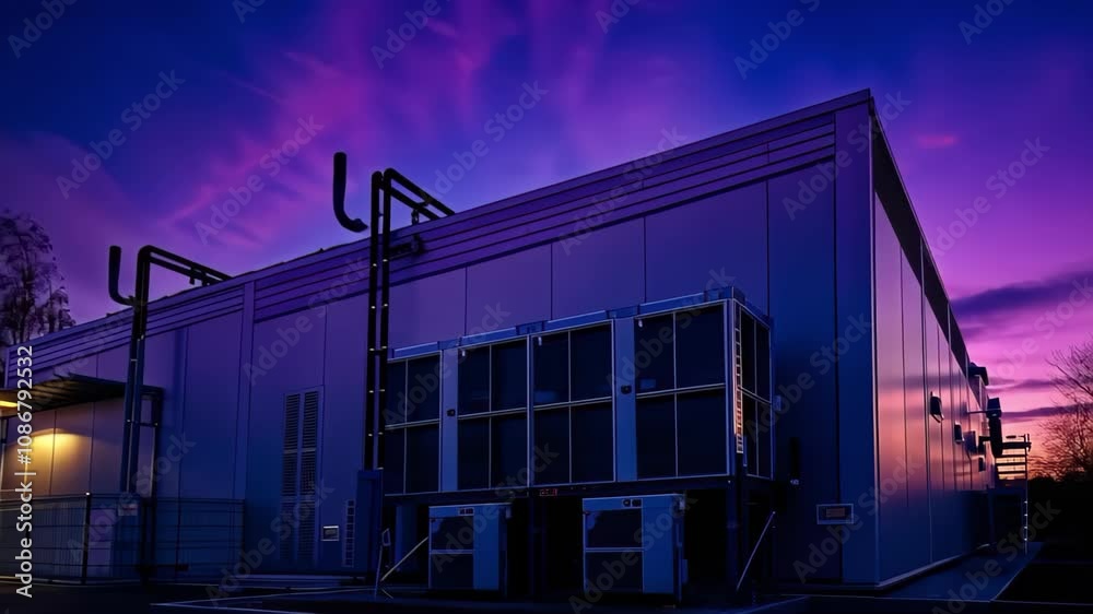 A modern industrial building with large air conditioning units, set against a colorful sunset sky.