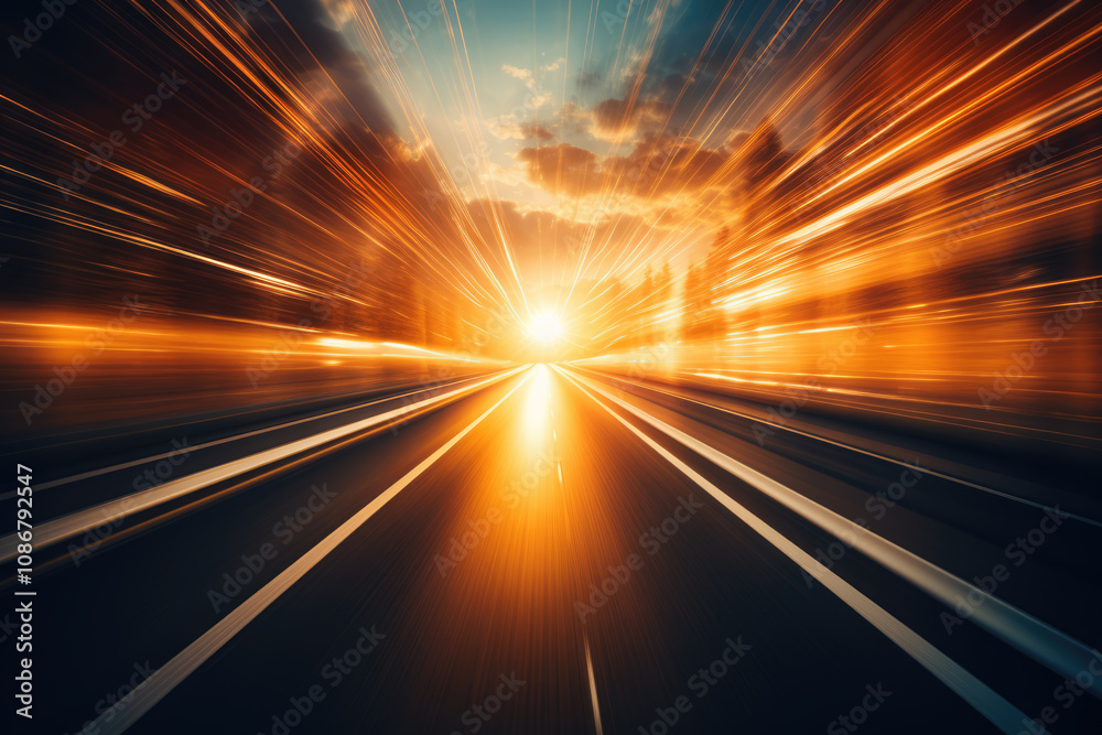 generated illustration of beautiful sun rising sky with asphalt highways road generated illustration of beautiful sun rising sky with asphalt highways road