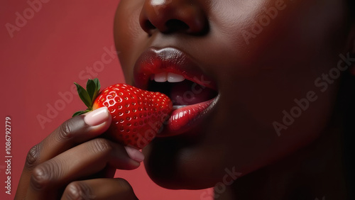 Close-up of a Black woman's sensual lips with glossy red lipstick about to take a bite of a fresh, ripe strawberry. Concept of beauty, sensuality, and indulgence.
