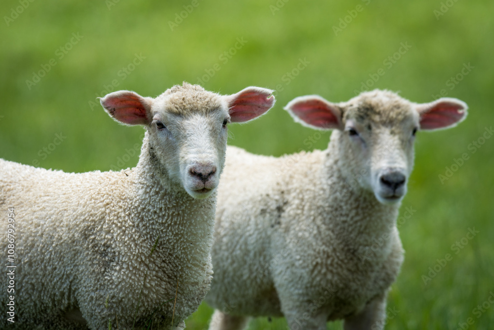 pair of lambs in lush green grassy field pair of lambs in lush green grassy field