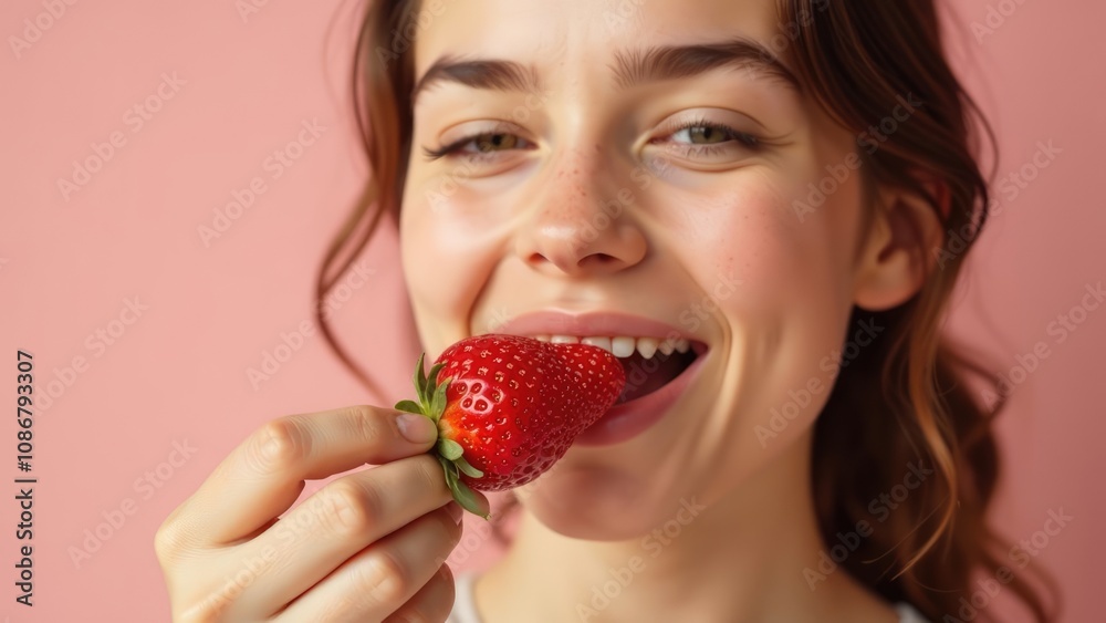 A young woman with freckles smiles happily as she takes a bite of a fresh, red strawberry against a pink background. Concept of healthy eating and joyful freshness.
A young woman with freckles smiles happily as she takes a bite of a fresh, red strawberry against a pink background. Concept of healthy eating and joyful freshness.