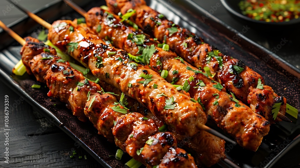 Sausage sticks pierced with chicken and beef tandoori and celery Sausage sticks pierced with chicken and beef tandoori and celery