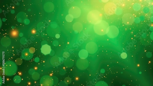 An abstract green background with bokeh lights and gold sparkles, perfect for St. Patrick's Day celebrations. Concept of a festive St. Patrick's Day background.