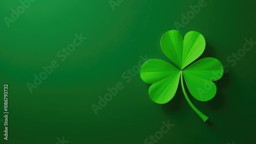 A single, vibrant green shamrock leaf sits on a dark green background. Concept of a St. Patrick's Day symbol. photo