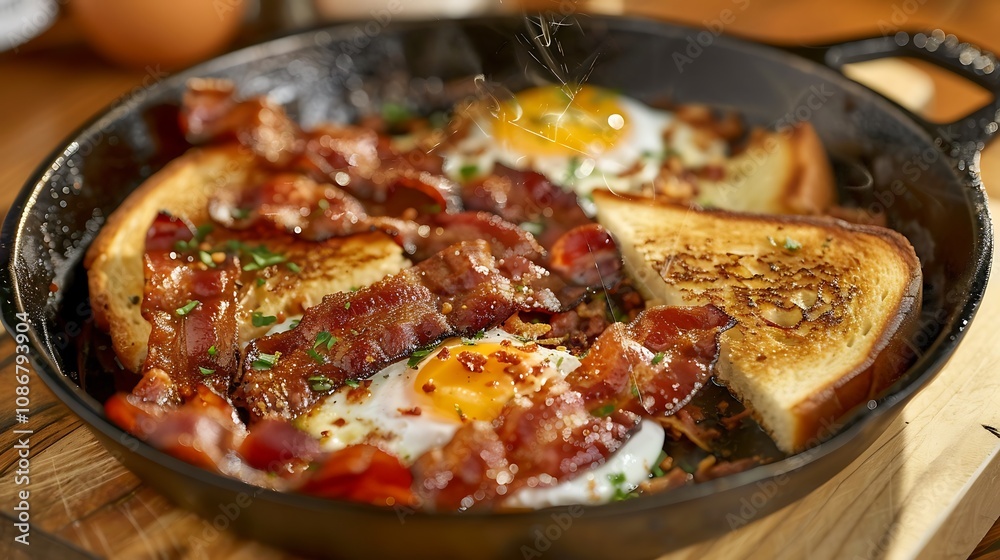 Savoring crispy bacon in a skillet with eggs and toast Savoring crispy bacon in a skillet with eggs and toast