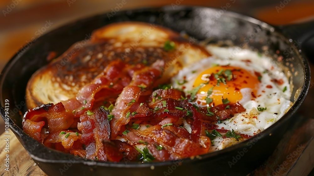 Savoring crispy bacon in a skillet with eggs and toast