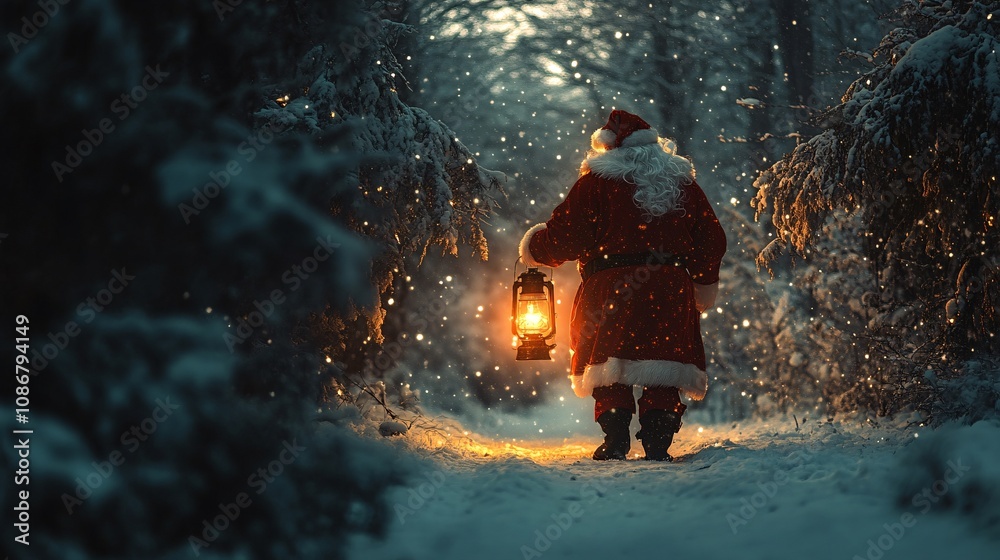 Fototapeta premium A snowy forest scene with Santa Claus holding a lantern, creating a magical and festive atmosphere.