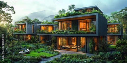 Modern eco-friendly homes nestled in lush greenery.
