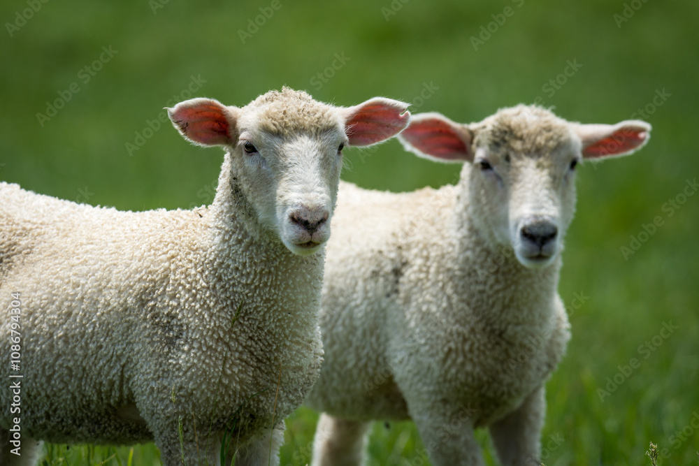 pair of lambs in lush green grassy field pair of lambs in lush green grassy field