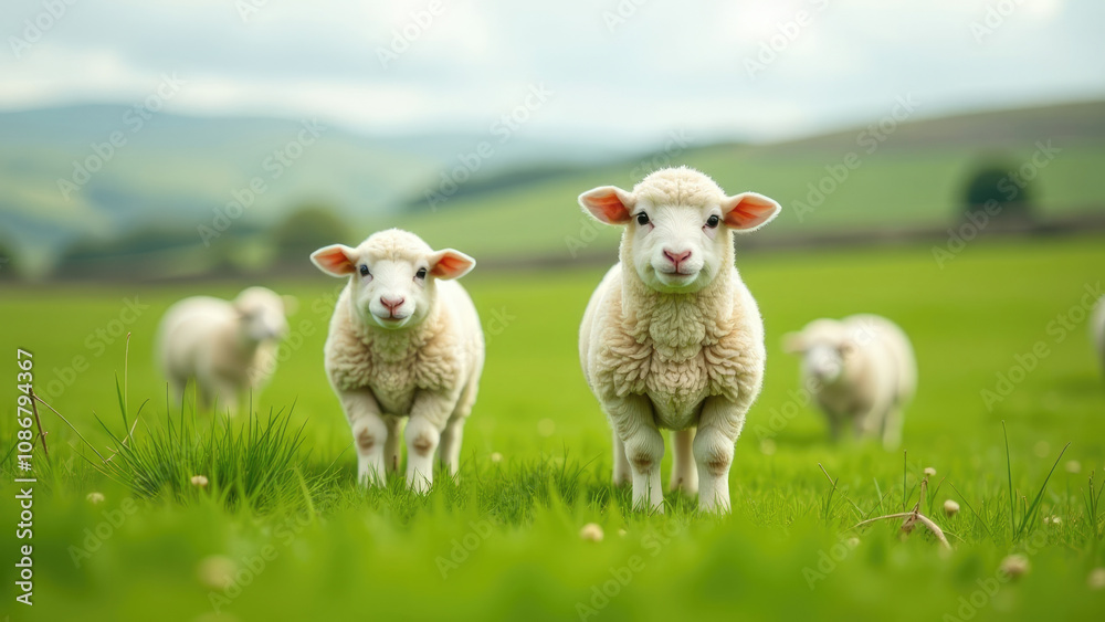 Two adorable lambs stand in a lush green pasture with other sheep in the background. Concept of spring, nature, and new life. Two adorable lambs stand in a lush green pasture with other sheep in the background. Concept of spring, nature, and new life.