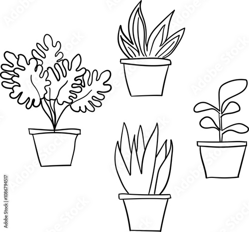 Minimalist line art illustration of potted houseplants, showcasing various unique plant shapes and textures. Perfect for decor, botanical designs, and minimalist art projects