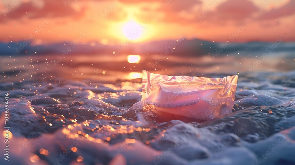 Scented sachet sinking in the surf at sunset Scented sachet sinking in the surf at sunset
