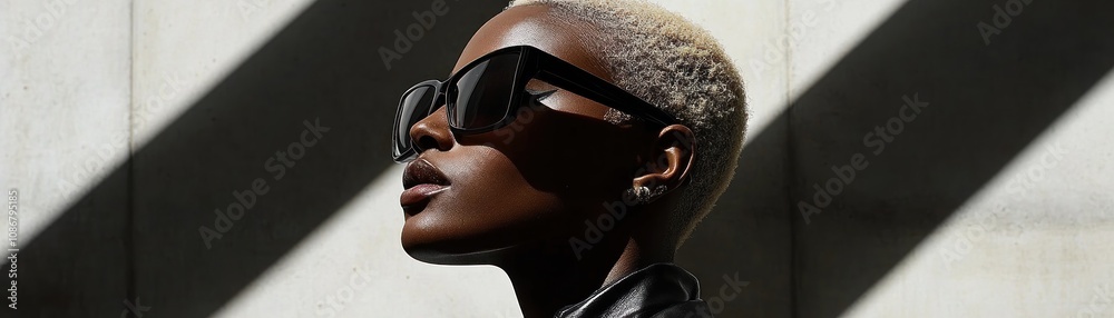 Edgy model in a minimalist setting, showcasing a powerful and confident pose The image features a strong, dark-skinned woman with a short, blonde haircut, wearing oversized sunglasses The stark