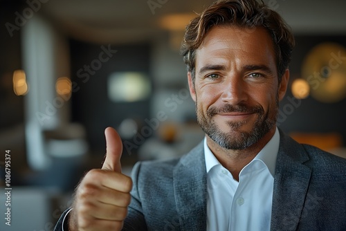 a businessman in a suit gives a thumbs-up in a newly completed modern apartment. businessman inspecting apartment photo