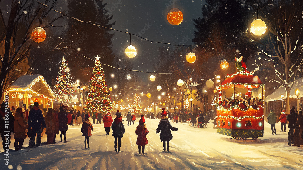 Obraz premium Festive Christmas Market with Lights and Snow