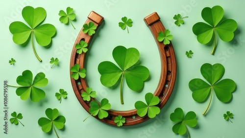 A wooden horseshoe surrounded by vibrant green shamrocks on a pale green background creates a lucky St. Patrick's Day image. Concept of St. Patrick's Day luck and good fortune.