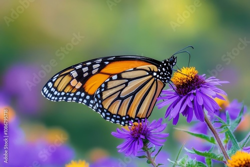 Monarch Butterfly Perched on Purple Coneflower in Summer Garden with Soft Green and Purple Background photo