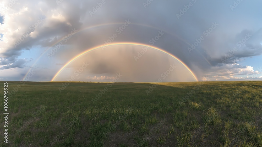 A Breathtaking Double Rainbow Arches Over a Serene Prairie, Symbolizing Hope and Beauty in Nature A Breathtaking Double Rainbow Arches Over a Serene Prairie, Symbolizing Hope and Beauty in Nature