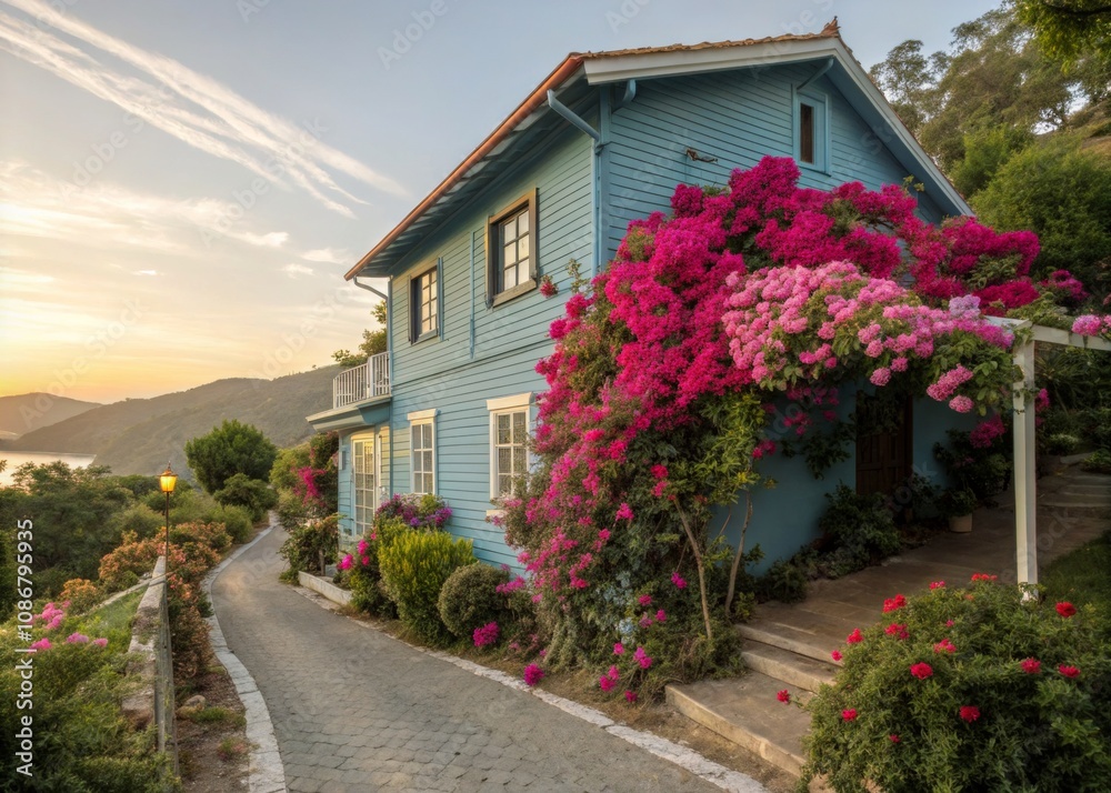 Obraz premium Charming Blue House Surrounded by Pink Flowers in a Tranquil Landscape - Perfect for Home Decor and Garden Inspiration