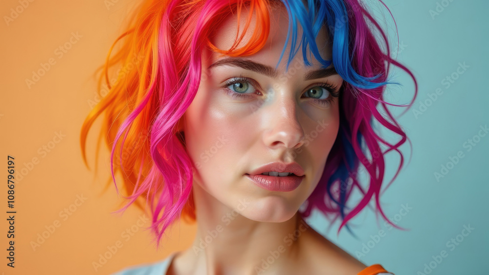 Obraz premium Close-up portrait of a young woman with vibrant, half-orange, half-blue hair. Concept of a colorful hairstyle. 