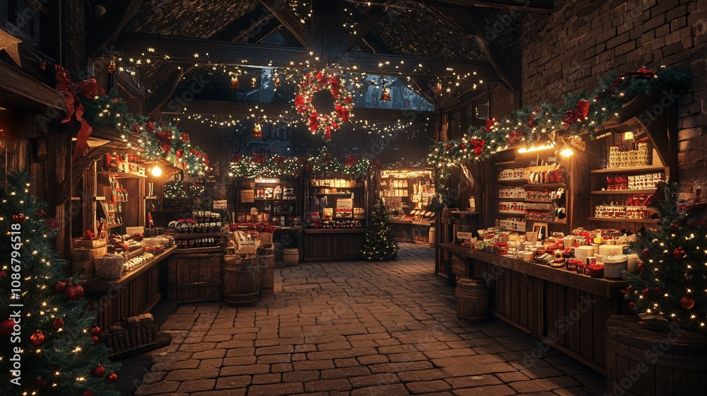 A cozy, festive market adorned with Christmas lights and decorations, showcasing a warm holiday atmosphere filled with joy and seasonal charm. A cozy, festive market adorned with Christmas lights and decorations, showcasing a warm holiday atmosphere filled with joy and seasonal charm.