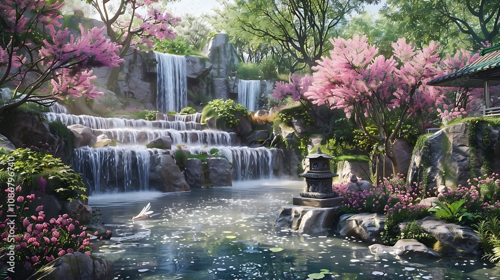 Serene park with pink flowers in appear sculptures and waterfalls Serene park with pink flowers in appear sculptures and waterfalls