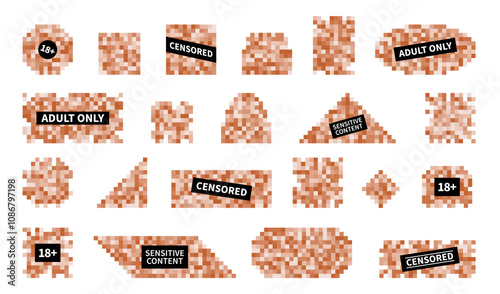 Censored pixel signs. Mosaic areas, diluting effect, hiding indecent images and parts, adult 18 plus nudity content, photo, tv, photo and video stickers, parent control nowaday vector set