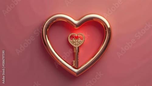 A golden key with a heart-shaped head rests inside a rose gold heart frame on a pink background. Concept of finding love and unlocking your heart. photo