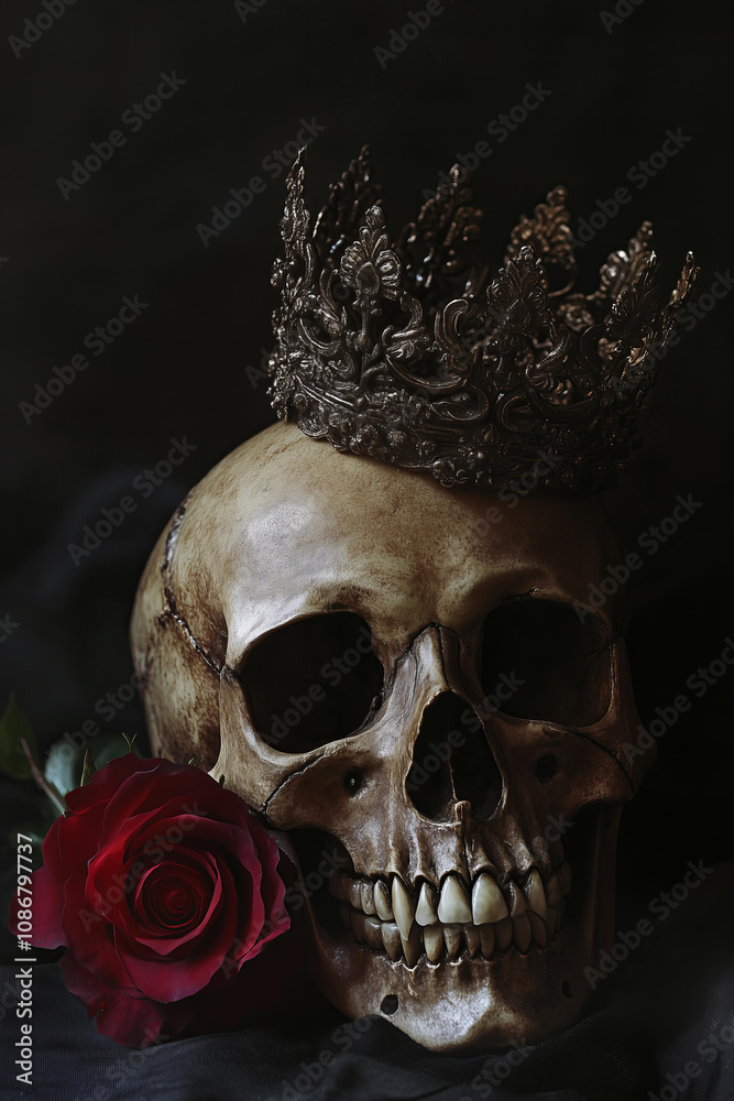 A dark, eerie photograph depicting an open skull wearing an ornate crown, set against a dark background with a red rose in a gothic, dark art style, fantasy book cover . A dark, eerie photograph depicting an open skull wearing an ornate crown, set against a dark background with a red rose in a gothic, dark art style, fantasy book cover .
