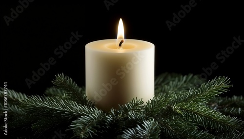 White candle with burning flame surrounded by green pine branches on dark background with copy space