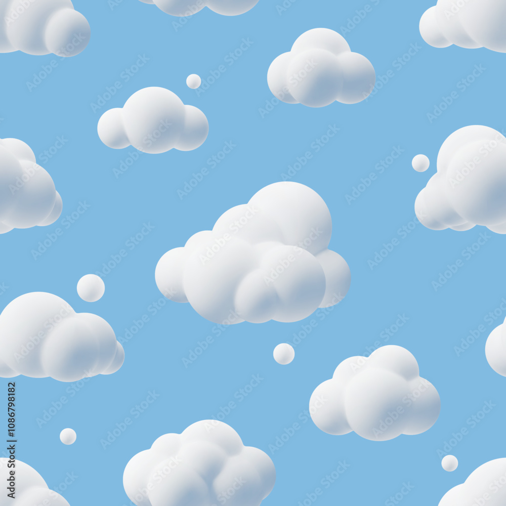 Cartoon cumulus 3d clouds seamless pattern. Fluffy bubble shapes, repeated white weather phenomenon, blue sky objects. Textile, wrapping, wallpaper design. Print for fabric, vector background