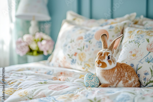 Close-up of a pastel easter-themed bed with egg-patterned pillows, bunny sits on the bed. a spring flowers in the background, a blue wall, and a warm, cozy atmosphere. Product photography. photo