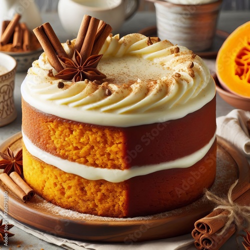 Moist cake featuring sweet potato puree and warm spices like nut photo