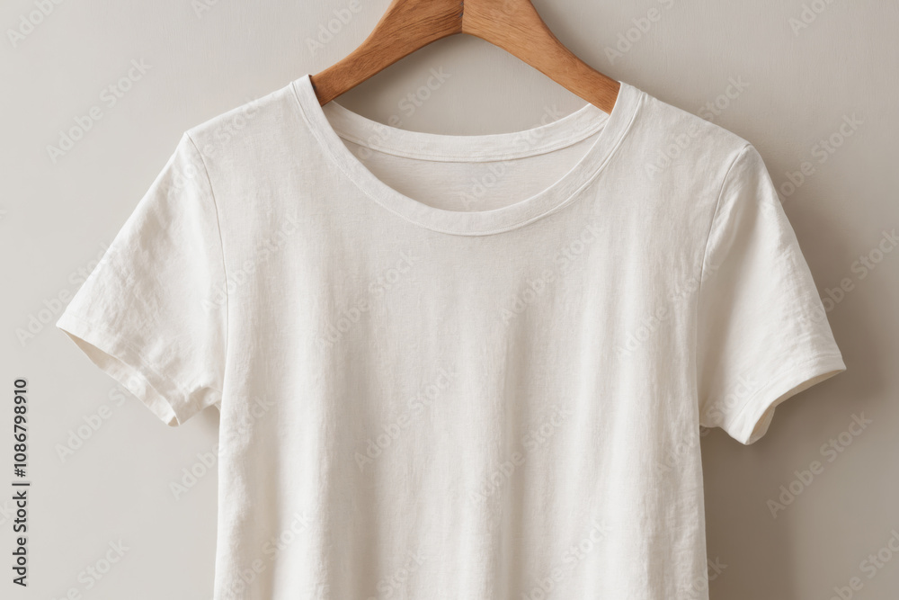 Off-white linen t-shirt hanging on wooden hanger Off-white linen t-shirt hanging on wooden hanger