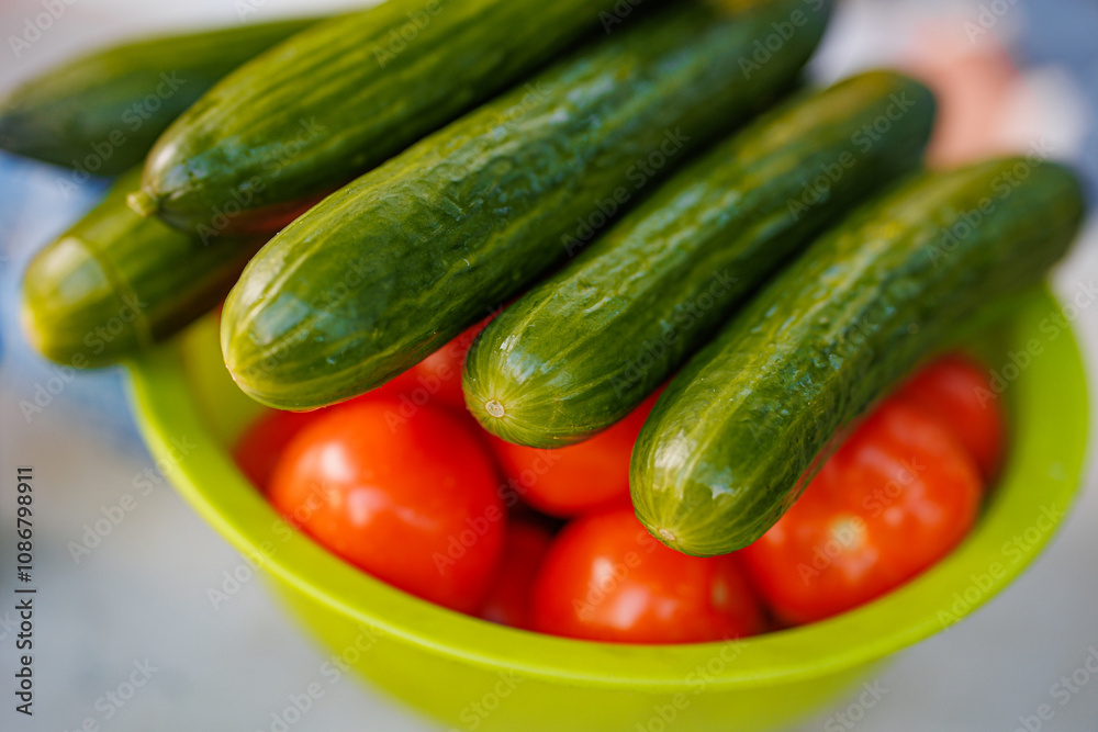 Vibrant Harvest: A Bounty of Fresh Cucumbers and Juicy Tomatoes Dancing Together in a Rustic Bowl. Vibrant Harvest: A Bounty of Fresh Cucumbers and Juicy Tomatoes Dancing Together in a Rustic Bowl.