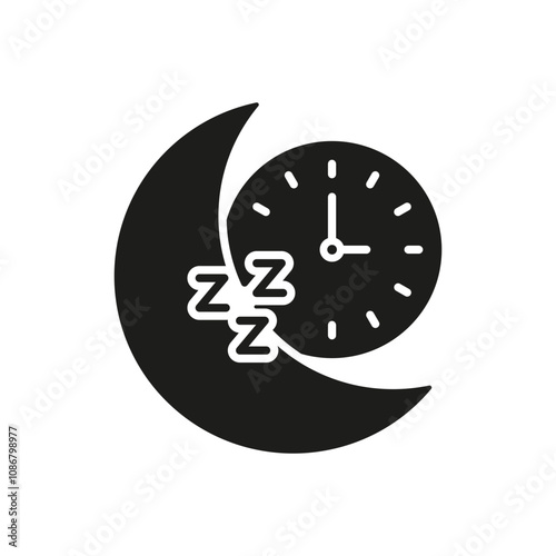 Crescent Moon And Clock Silhouette Icon. Sleep Time Concept With ZZZ Glyph Symbol. Bedtime Reminder. Isolated Vector Illustration