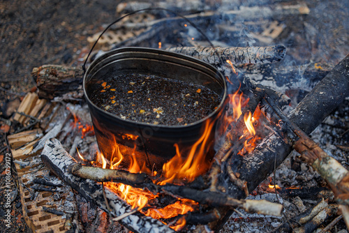 Nature's Boil: A bubbling pot dances over a crackling campfire, steam rising in the twilight, as the warmth of outdoor cooking embraces the wilderness.