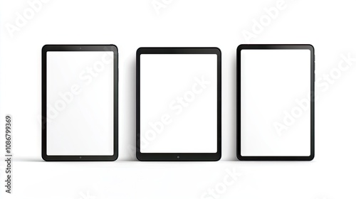 Three sleek, black-framed tablets with blank screens arranged in a row against a minimalist white background.