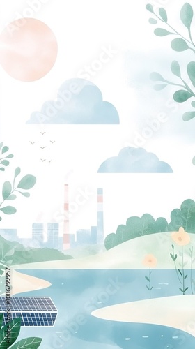  Creative Pattern Depicting an Eco-Friendly Factory Landscape with Plant Illustrations, Solar Energy Elements, Soft Watercolor Tones, Emphasizing Green Sustainability and World Environment Day Themes,