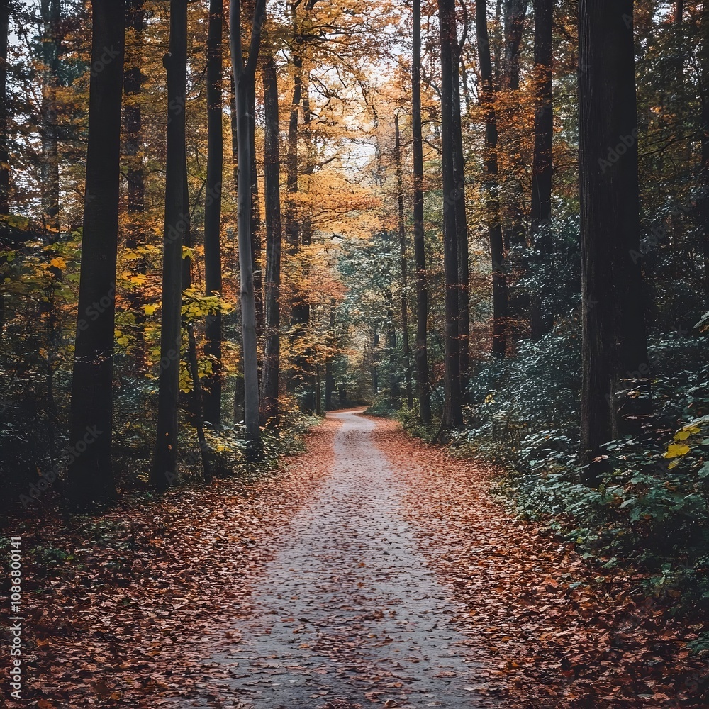 Obraz premium Serene Autumn Forest Path with Vibrant Foliage and Warm Natural Lighting