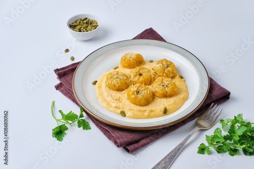 Side dish or main course, pumpkin gnocchi in the shape of a pumpkin made of potatoes and pumpkin puree with cream sauce on a ceramic plate on a white plastic background.