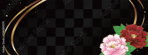 高級感のある牡丹のバナー　ブラック＆ゴールド