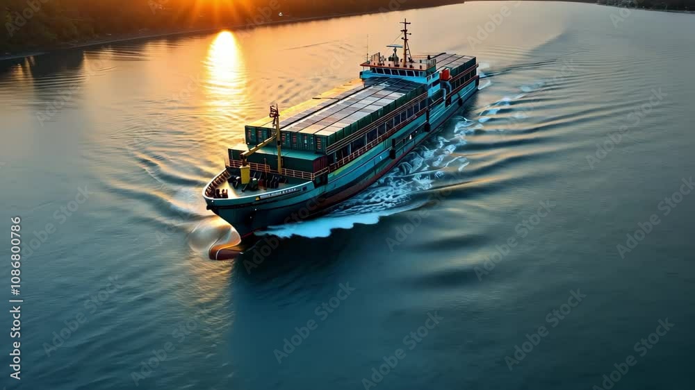 A cargo ship navigating through water at sunset, with containers stacked on its deck and waves created by its movement. A cargo ship navigating through water at sunset, with containers stacked on its deck and waves created by its movement.