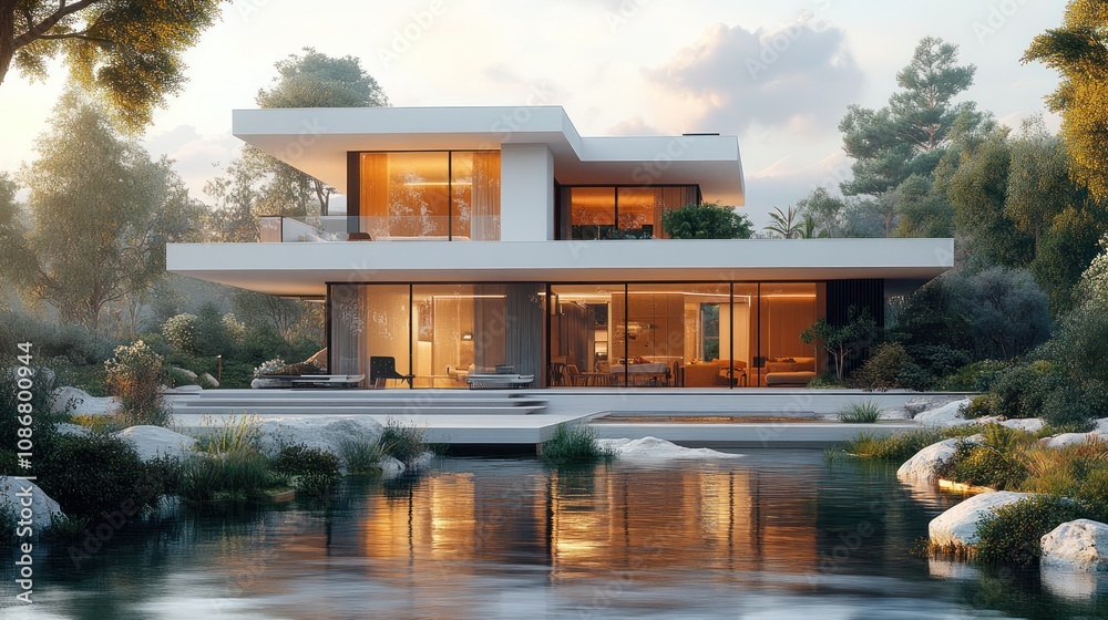 A 3D contemporary duplex with sleek lines, modern finishes, and a white exterior, isolated on a white backdrop.269fd3cb060b A 3D contemporary duplex with sleek lines, modern finishes, and a white exterior, isolated on a white backdrop.269fd3cb060b