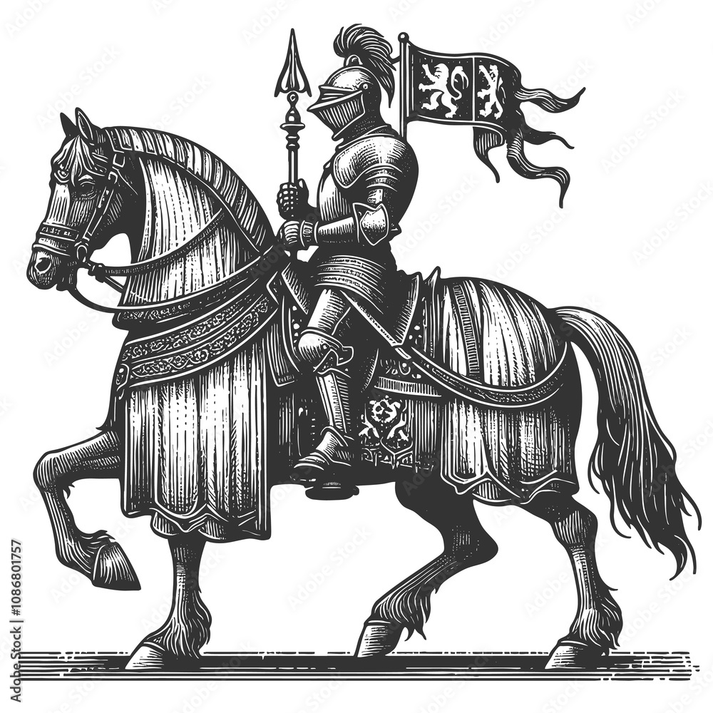 medieval knight in full armor riding a rearing horse, showcasing intricate, vintage engraving details sketch engraving generative ai raster illustration. Scratch board imitation. Black and white image medieval knight in full armor riding a rearing horse, showcasing intricate, vintage engraving details sketch engraving generative ai raster illustration. Scratch board imitation. Black and white image