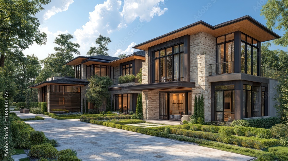 A 3D model of a contemporary family home with modern finishes, detailed landscaping, and large driveway. A 3D model of a contemporary family home with modern finishes, detailed landscaping, and large driveway.