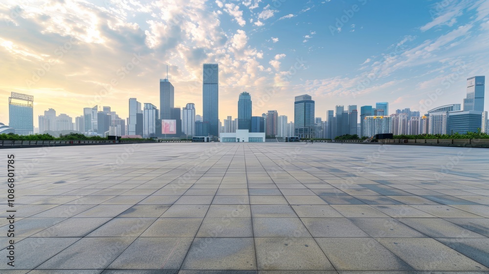 Empty square floor with city skyline background, Youth Empowerment Center construction, morning Empty square floor with city skyline background, Youth Empowerment Center construction, morning