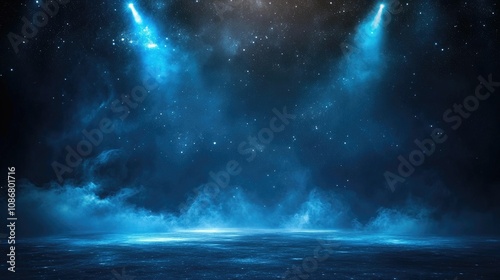 A mystical scene featuring a dark, starry sky illuminated by blue lights, creating an ethereal atmosphere with fog-like elements at the ground level.