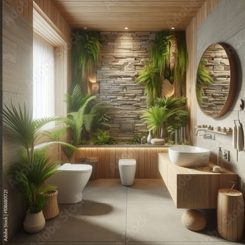 Nature Inspired A bathroom with a natural stone wall and a minim photo