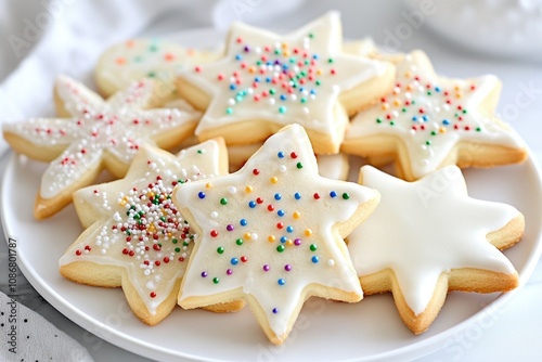 Festive holiday cookies with colorful icing and sprinkles on a decorative plate